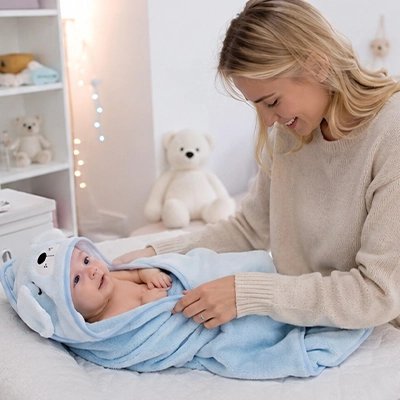 Cape de bain bébé bleu  bébé allongé