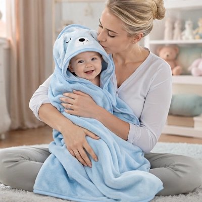 Cape de bain bébé bleu , bébé content 
