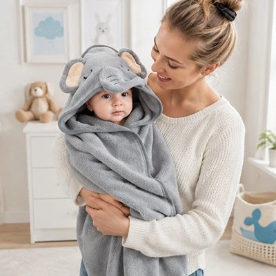 Cape de bain bébé gris maman porte bébé  entre ses mains  