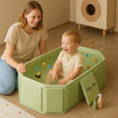 maman et son enfant dans la baignoire hyper content